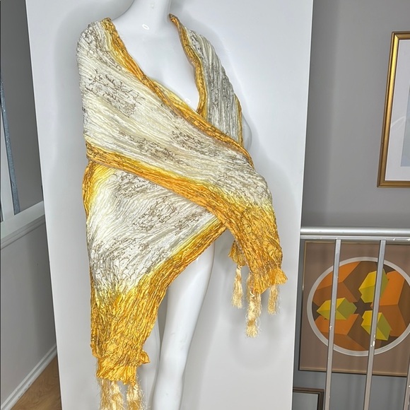 95” x 35” Crinkled/Pleated Tassel Shawl Wrap Scarf Ombré/Dip-dye in Yellow Cream - Picture 1 of 5